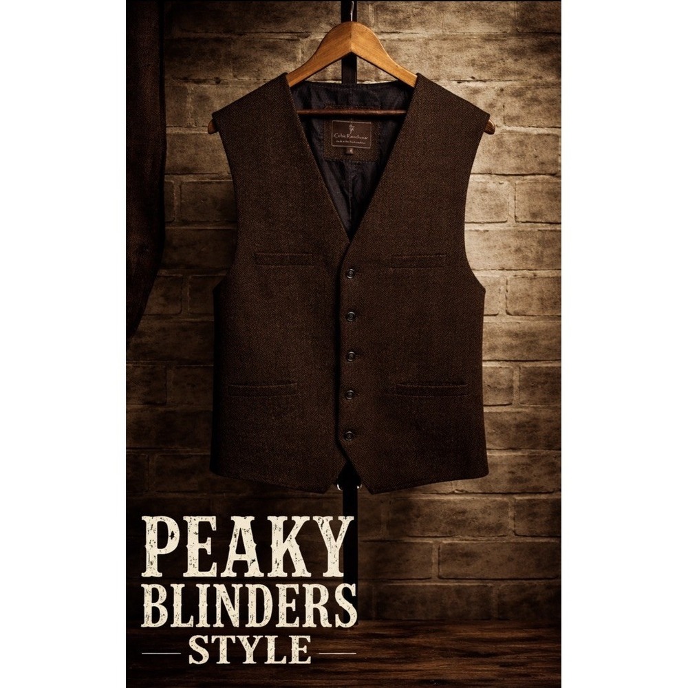 Celtic Ranchwear Herringbone Tweed Vest Mens L Waistcoat Lined Wool Blend Brown